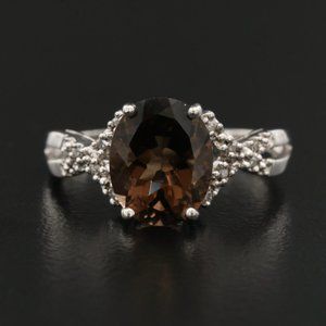 Smoky Quartz and Diamond Vintage Silver Ring